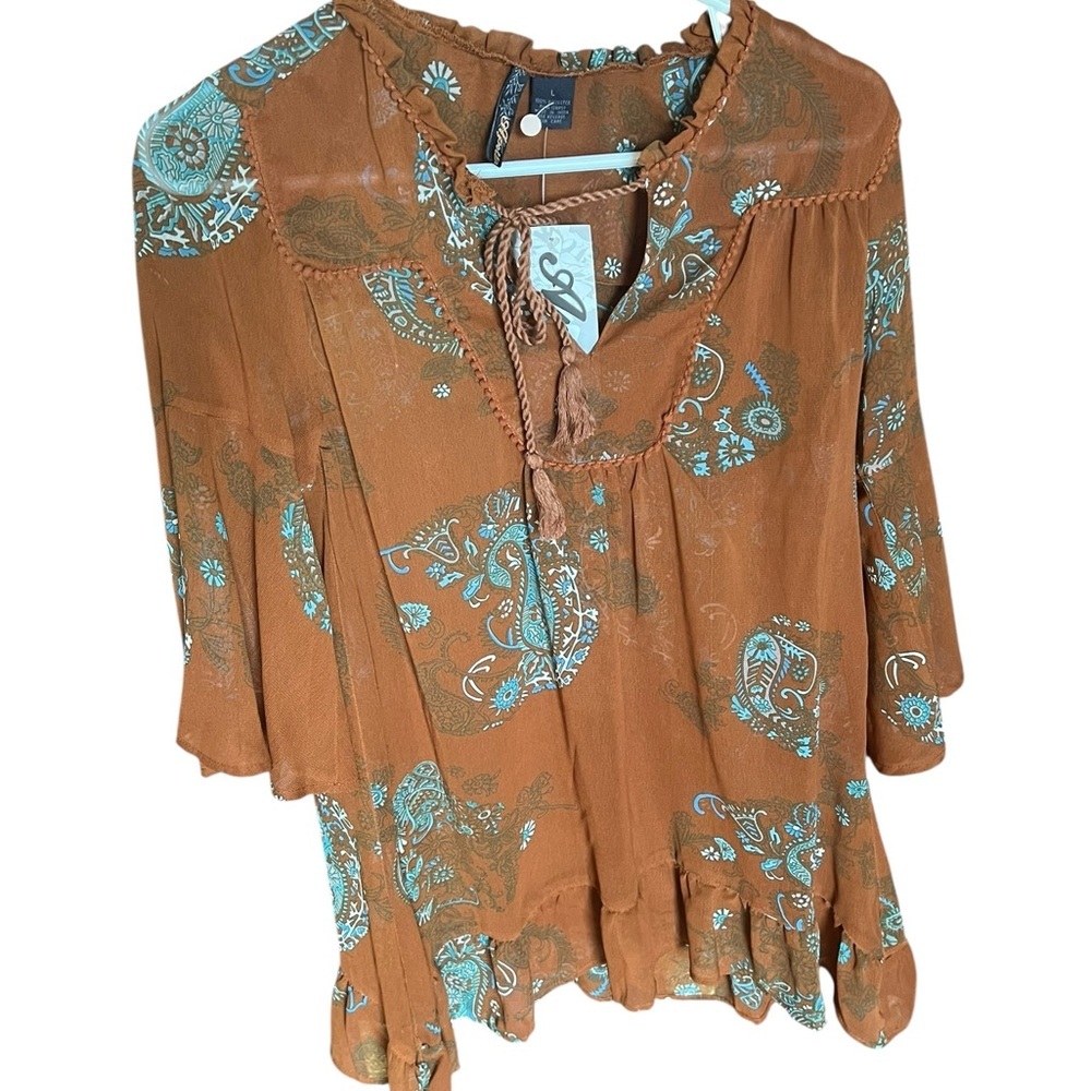 NWT Apollo Brown Paisley Sheer Ruffle Bohemian Women's Top or Swimsuit Coverup L